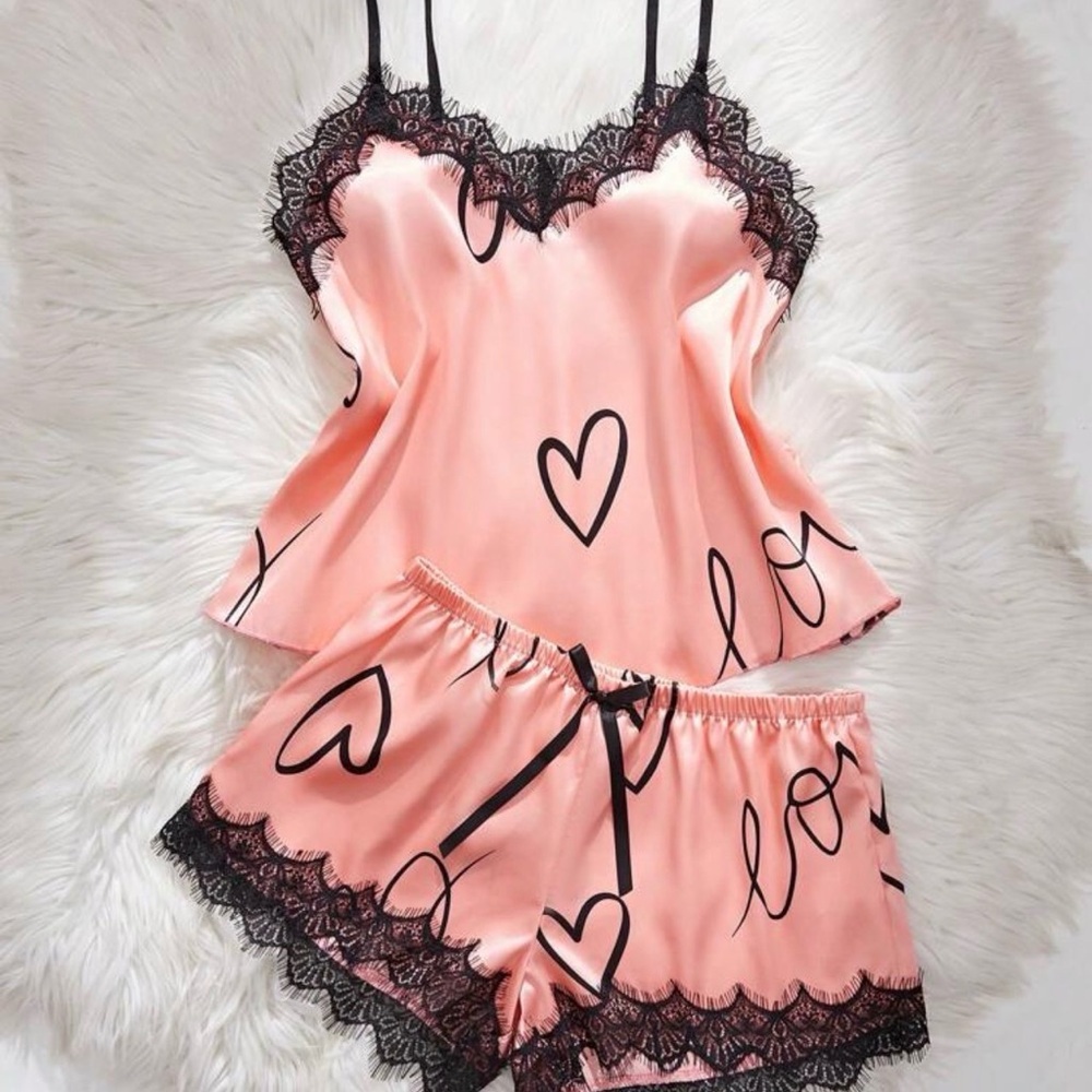 Pink Heart Print Lace Trim Sleepwear Set Size 8/10 Large - Picture 5 of 5